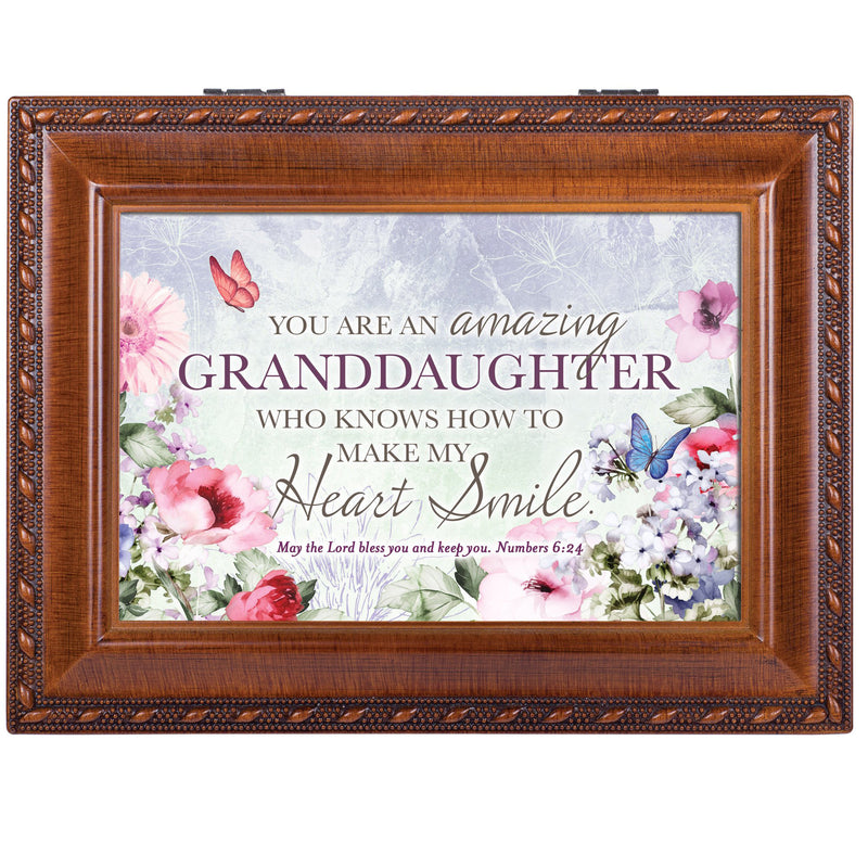 Cottage Garden Granddaughter My Heart Smile Woodgrain Rope Trim Music Box Plays Amazing Grace