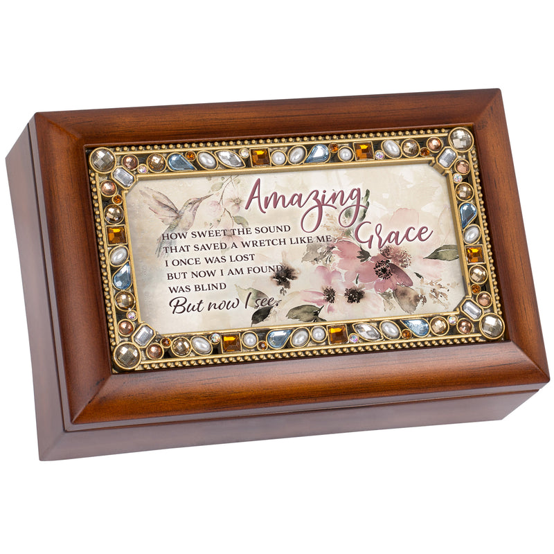 Amazing Grace Jeweled Woodgrain Music Box Plays Amazing Grace