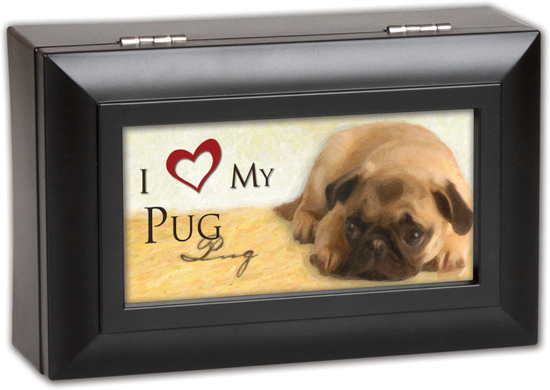 Cottage Garden Love My Pug Matte Black Jewelry Music Box Plays Wonderful World